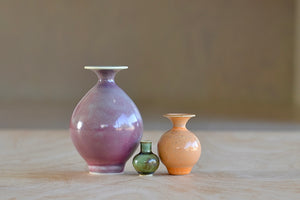 Miniature Hand Thrown Ceramic Vase Trio by Yuta Segawa in Peach, Rose and Green.