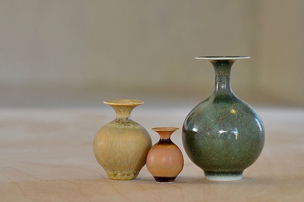 Miniature Hand Thrown Ceramic Vase Trio in Green, Ochre and Orange by Yuta Segawa.