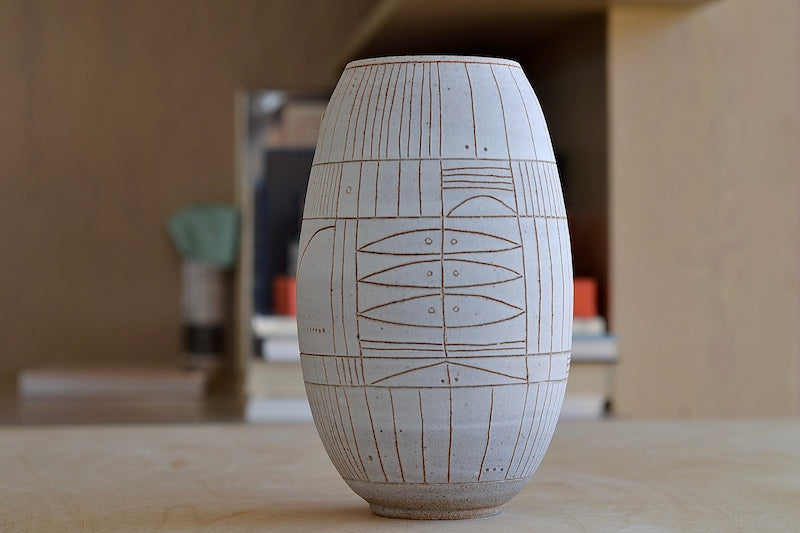 Hand thrown white clay vase 5946 with brown clay sgraffito "Scribe series" by Heather Rosenman.
