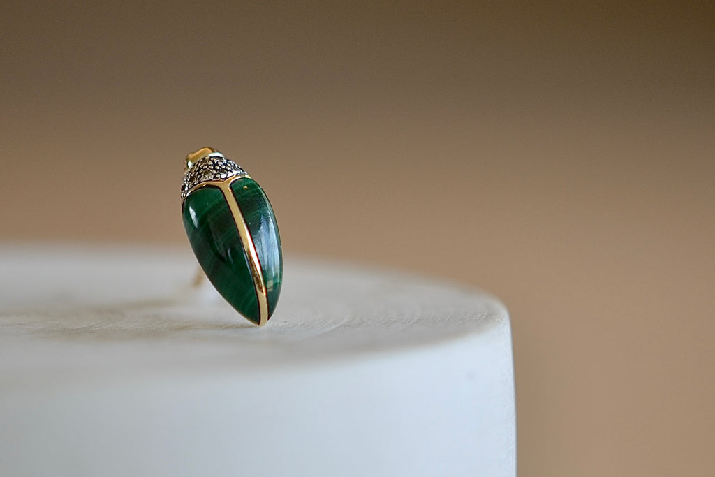 Scarab stud earring by Bibi Van Der Velden in malachite.