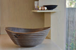 Circle Factory Bowl in Brown Oak With Ridges and Repair Detail 19 x 8