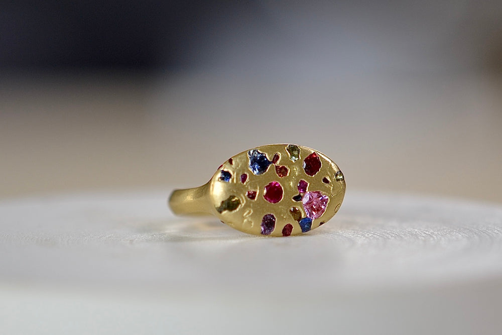 Polly Wales Elysian Ring in Rainbow sapphires (red, pink, blue, purple, green) with knife edge band in 18k recycled yellow gold that is cast not set confetti signet or pinky ring.