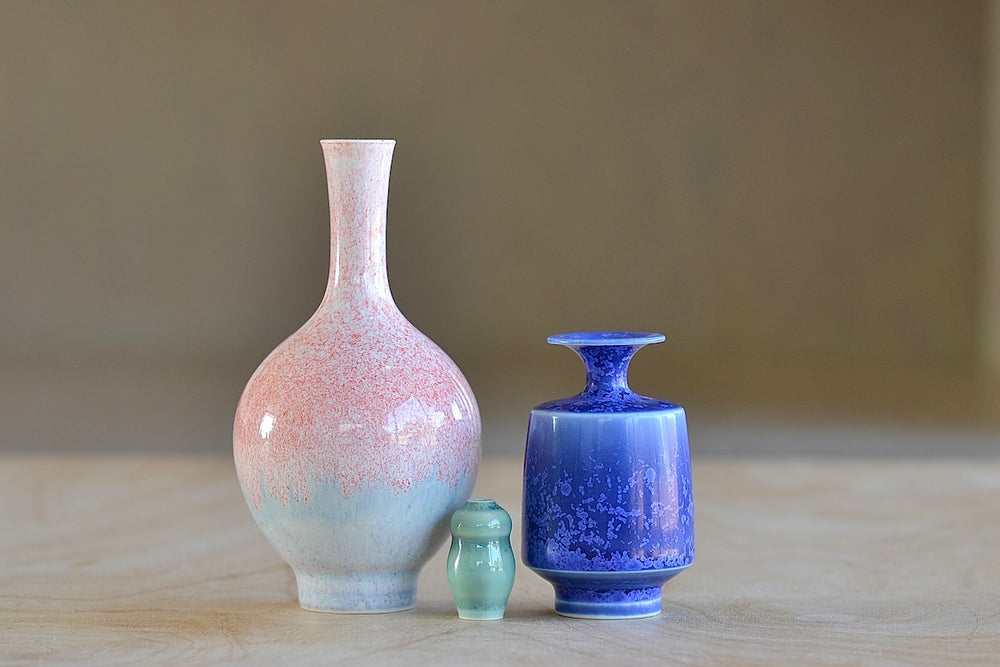 Miniature Hand Thrown Ceramic Vase Trio "K" in Blue, Green and Pink with Light Blue