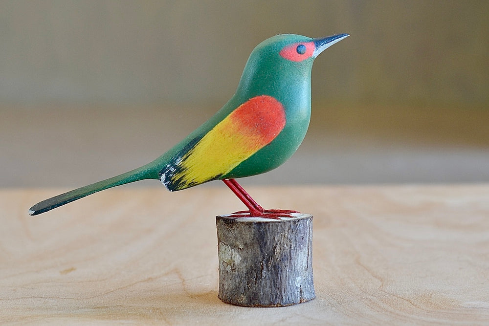 Decorative Wood bird from Brazil - Verdinho Vermillo or Green Hummingbird with orange and yellow wings.