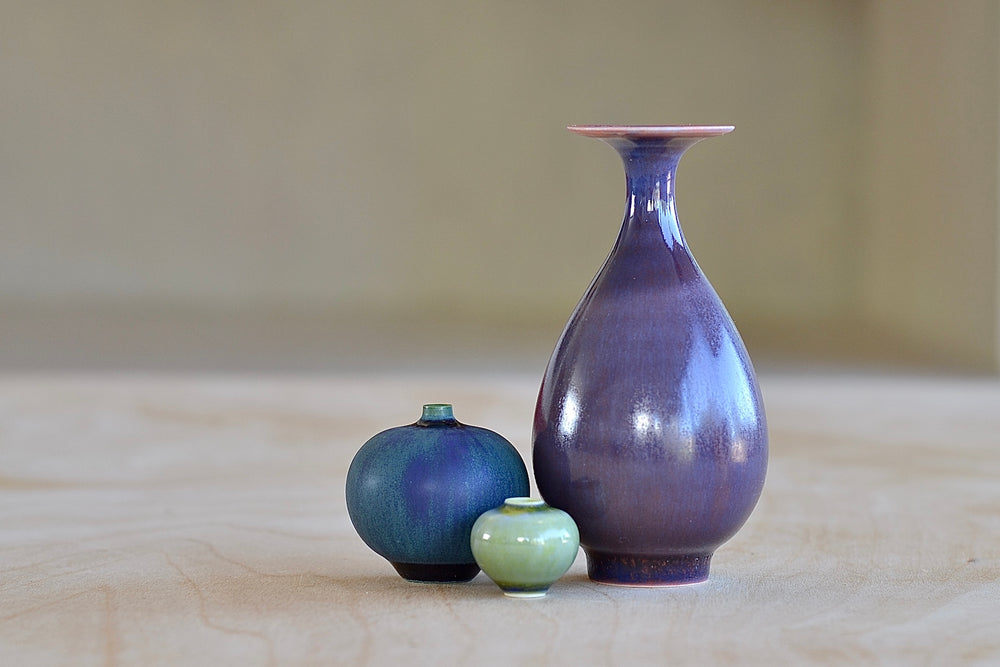 Miniature Hand Thrown Ceramic Vase Trio "A" in Purple, Turquoise and Green