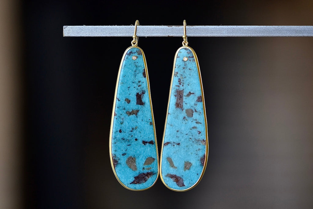 Rare Kingsman XL Turquoise Slice Earrings with Diamond Accent and bezel set in 18k yellow gold with gold wire and designed by Tej Kothari.