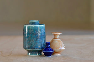 Miniature Hand Thrown Ceramic Vase Trio "C" in Green, Peach and Navy by Yuta Segawa.