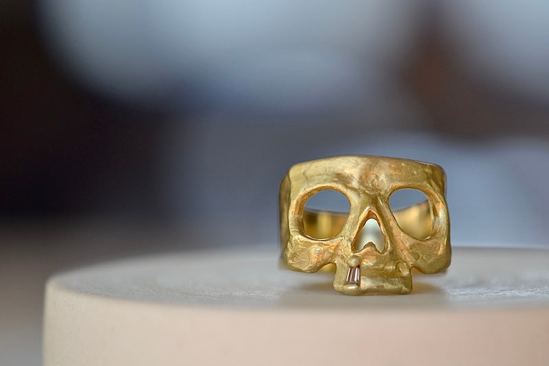 Polly Wales Snaggletooth Snaggle Tooth diamond baguette skull ring squared 18k yellow recycled gold 7.5