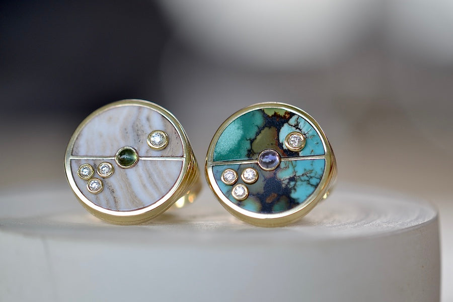 Retrouvai Champagne Agate and Green Turquoise Compass Signet rings with Diamonds and green tourmaline in 14k yellow gold and stone inlay.
