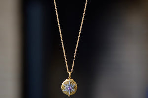 Arman Sarkyssian Oxidized Silver Star Locket with purple sapphire center stone and Diamond accent Pendant necklace in 22k Yellow Gold. 