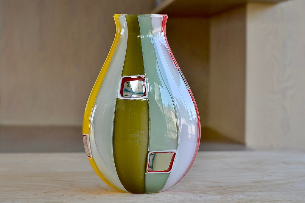 Robin Mix Medium Cane Vase Thaibo with Windows and Spots from Studio Glass Master Robin Mix comes this cane vase. His sensibilities come from his training in Scandinavia, but is produced using the most sophisticated and iconic of traditional modernist Italian techniques. 