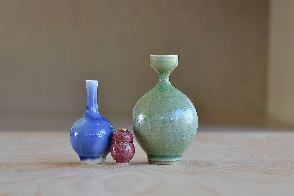 Miniature Hand Thrown Ceramic Vase Trio "E" in Purple, Green and Reddish Brown