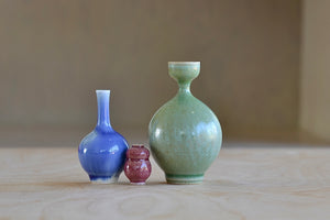 Miniature Hand Thrown Ceramic Vase Trio by Yuta Segawa in Purple, Green and Reddish Brown.