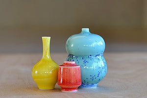 Miniature Hand Thrown Ceramic Vase Trio "F" in Yellow, Coral and Spotted Turquoise / Blue by Yuta Segawa.