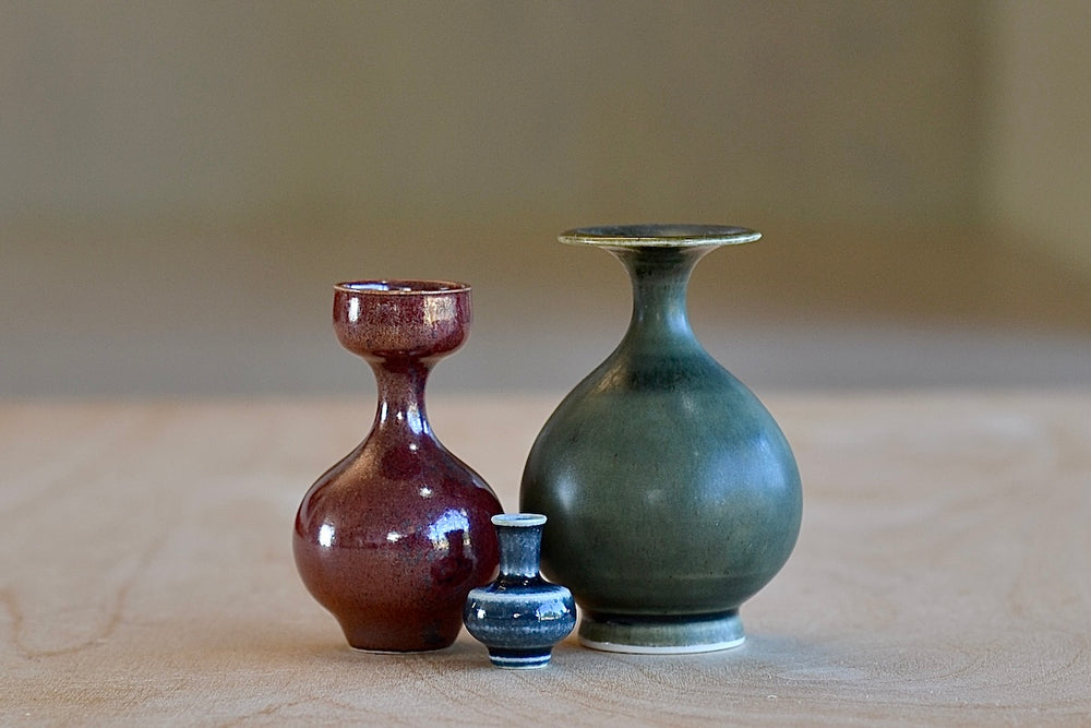 Miniature Hand Thrown Ceramic Vase Trio "J" in Green, Brown and Gray