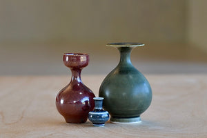 Miniature Hand Thrown Ceramic Vase Trio "J" in Green, Brown and Gray by Yuta Segawa.