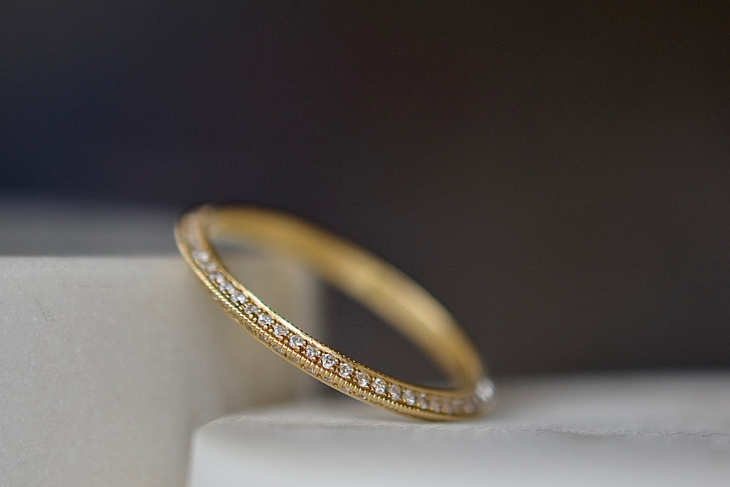 Lizzie Mandler Pave Petite Knife Edge Band with white diamondson top and bottom in 18k yellow gold. Perfect wedding or engagement ring with knife edge.