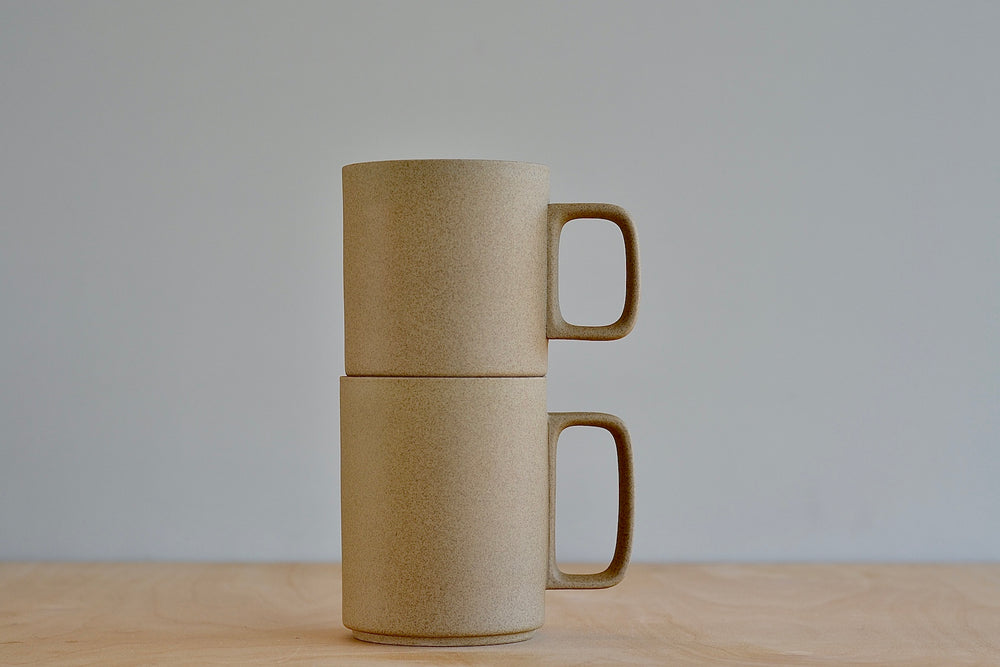 Hasami Medium and Large Mug 20 and 21 in Natural porcelain stacked..