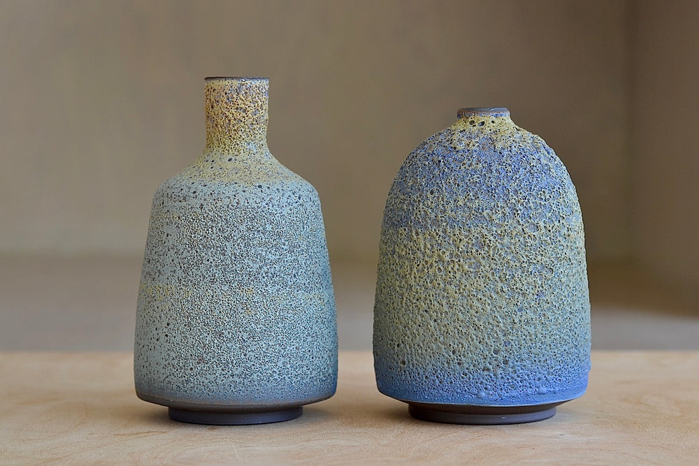 Heather Rosenman Two Short Blue with Yellow Volcanic Vases