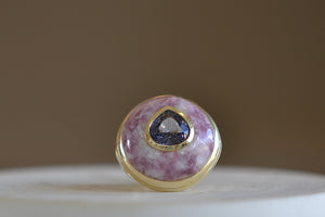 Front view of the small petite lollipop ring  in trolleite and spinel by Retrouvai.