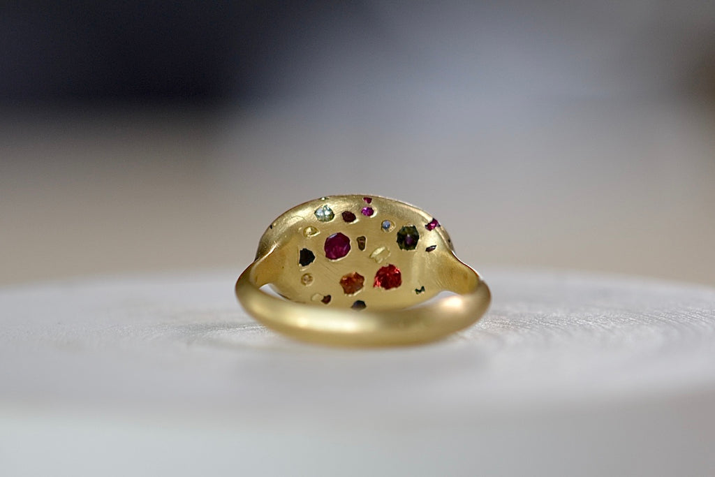 Elysian Ring in Rainbow Sapphires by Polly Wales. Cast not set. Confetti style signet or pinky ring.