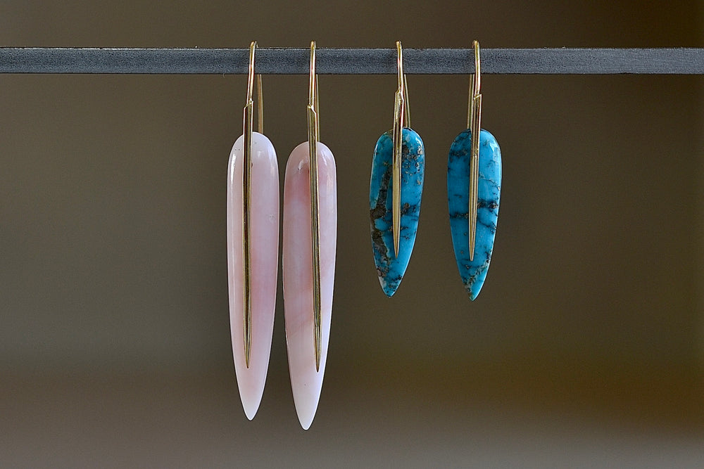 Pink Opal and Turquoise feather earrings by Rachel Atherley.
