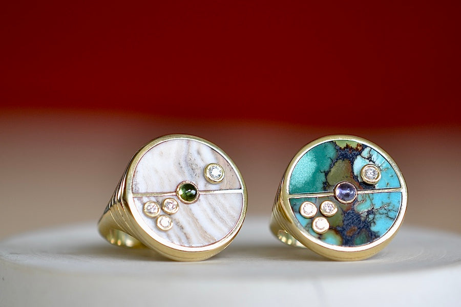 Champagne Agate and Turquoise Compass Signet Rings with stone inlay and accent stones by Retrouvai.