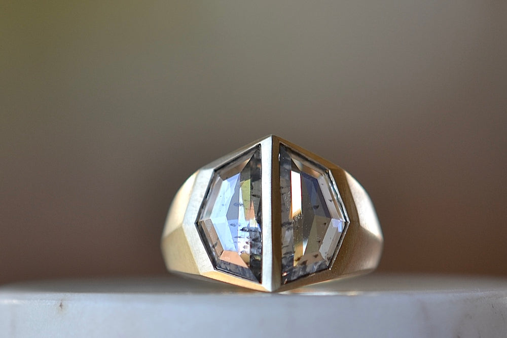 Frontal on Double Shield Diamond Ring by Elizabeth Street Jewelry,  a bezel set double lab grown salt and pepper diamond ring on 14k gold band.