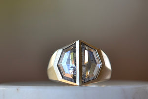 Frontal on Double Shield Diamond Ring by Elizabeth Street Jewelry,  a bezel set double lab grown salt and pepper diamond ring on 14k gold band.