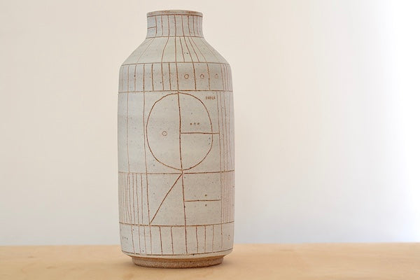 Hand thrown white clay vase 5945 with brown clay sgraffito "Scribe series" by Heather Rosenman.