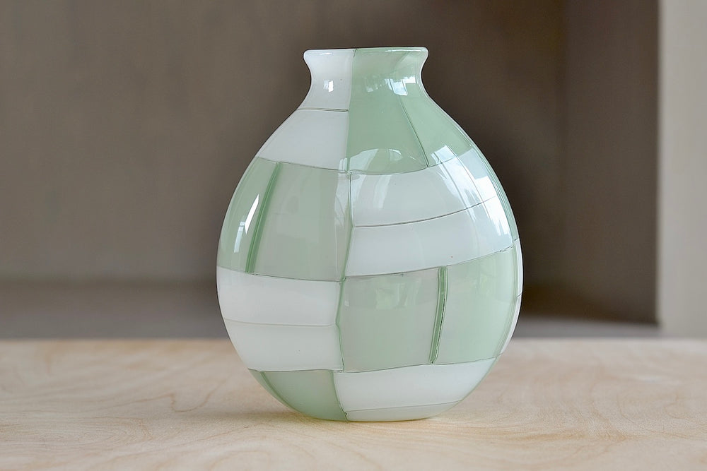 Alternate side of Robin Mix Small Green Pezzati Vase made and mouth blown in Tunbridge, Vermont.
