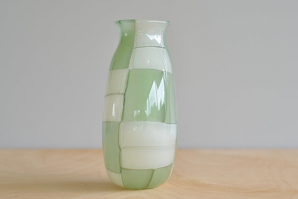 Side view of Robin Mix Small Green and white with squares Pezzati Vase made and mouth blown in Tunbridge, Vermont.