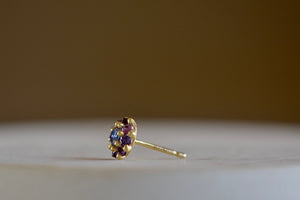Side view of the Larkspur stud in blue and lavender by Polly Wales.