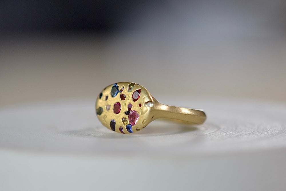 Side view of Elysian Ring in Rainbow Sapphires by Polly Wales. Cast not set. Confetti style signet or pinky ring.