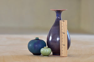 Miniature Hand Thrown Ceramic Vase Trio in Purple, turquoise and green by Yuta Segawa shown next to a ruler.