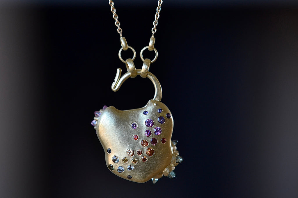 Open Double Daisy Cluster Padlock Necklace by Polly Wales. 