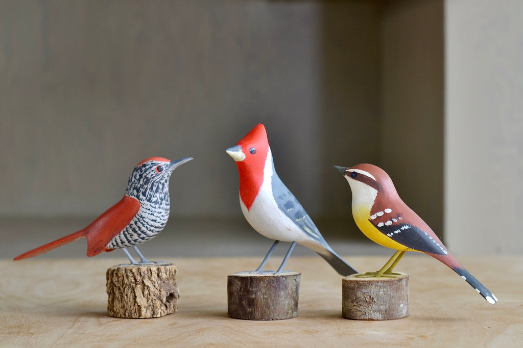 Striped Choca, Red Cardinal and Antwern bird sculptures.