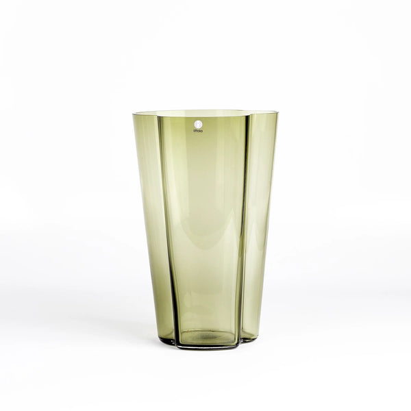 Tall Moss Green Vase by Alvar Aalto and Iittala on white background.