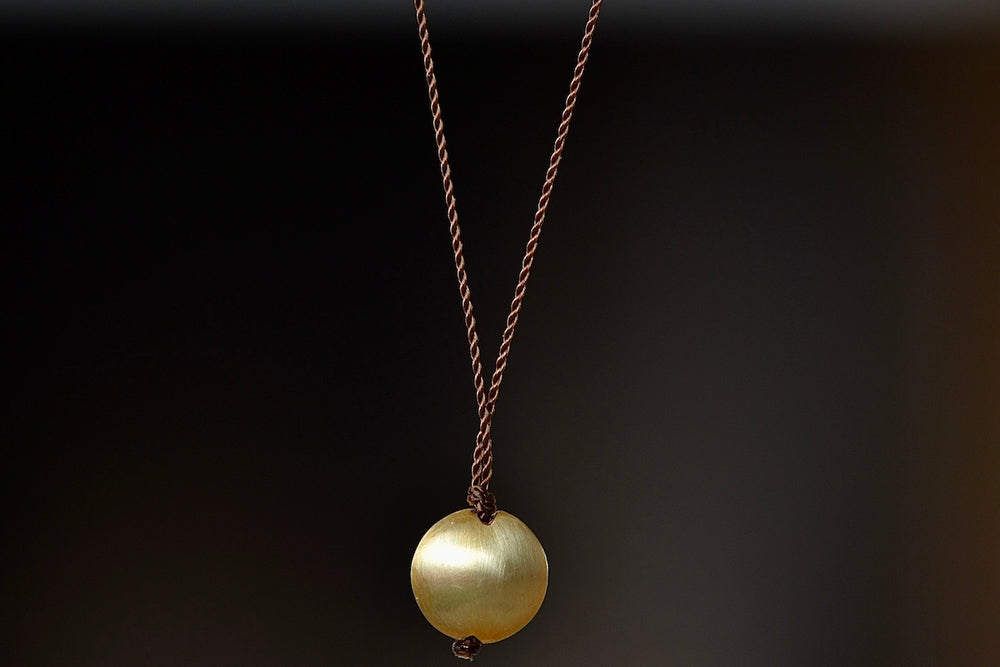 Margaret Solow 18k Gold Pendant Necklace Round Sphere  Disc Nylon Cord