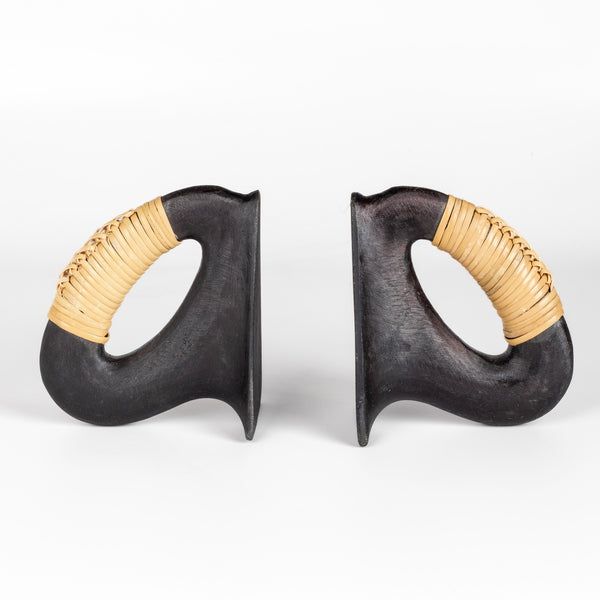 Werkstette Carl Aubock Flatiron 3530 Bookends in patina and wrapped in cane on white background.