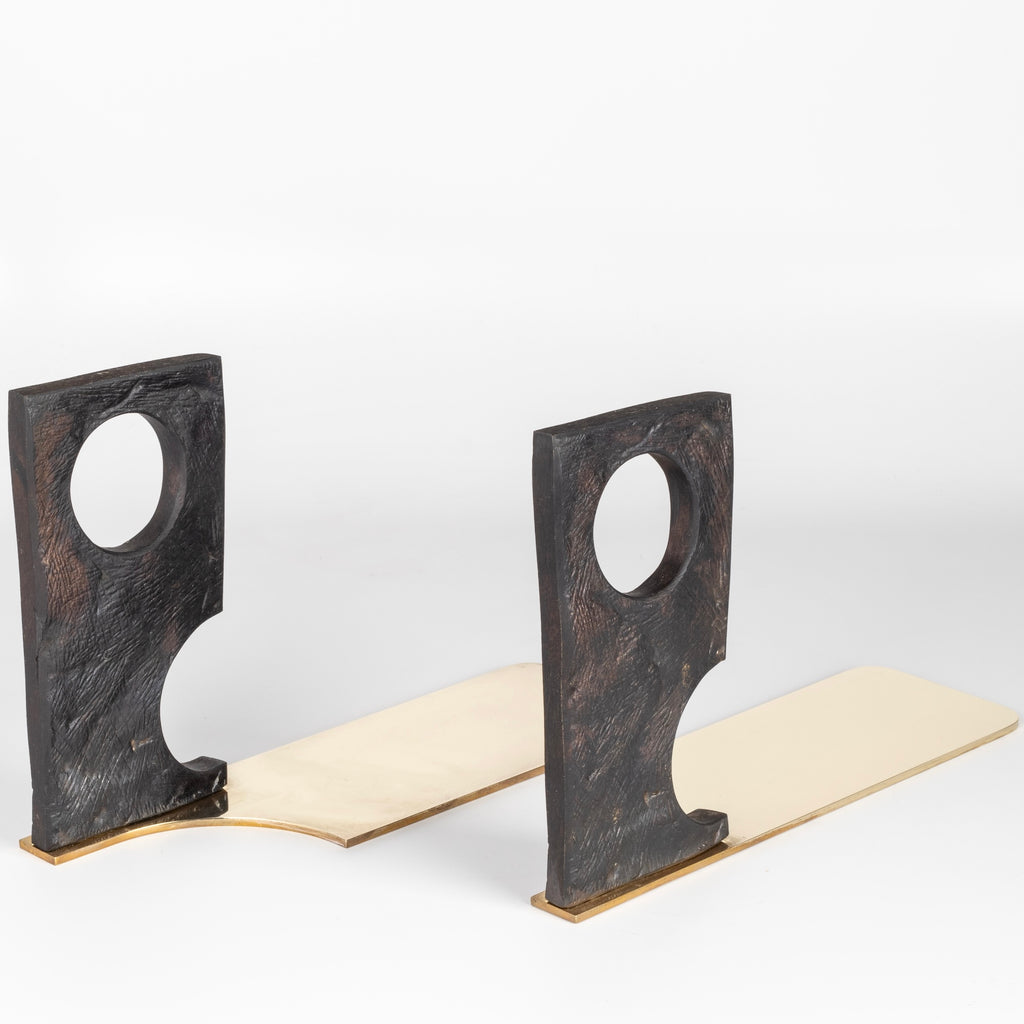 Side view of Aubock Bookends 3785 Urban Legend are sculptural bookends in patina with polished brass base. 