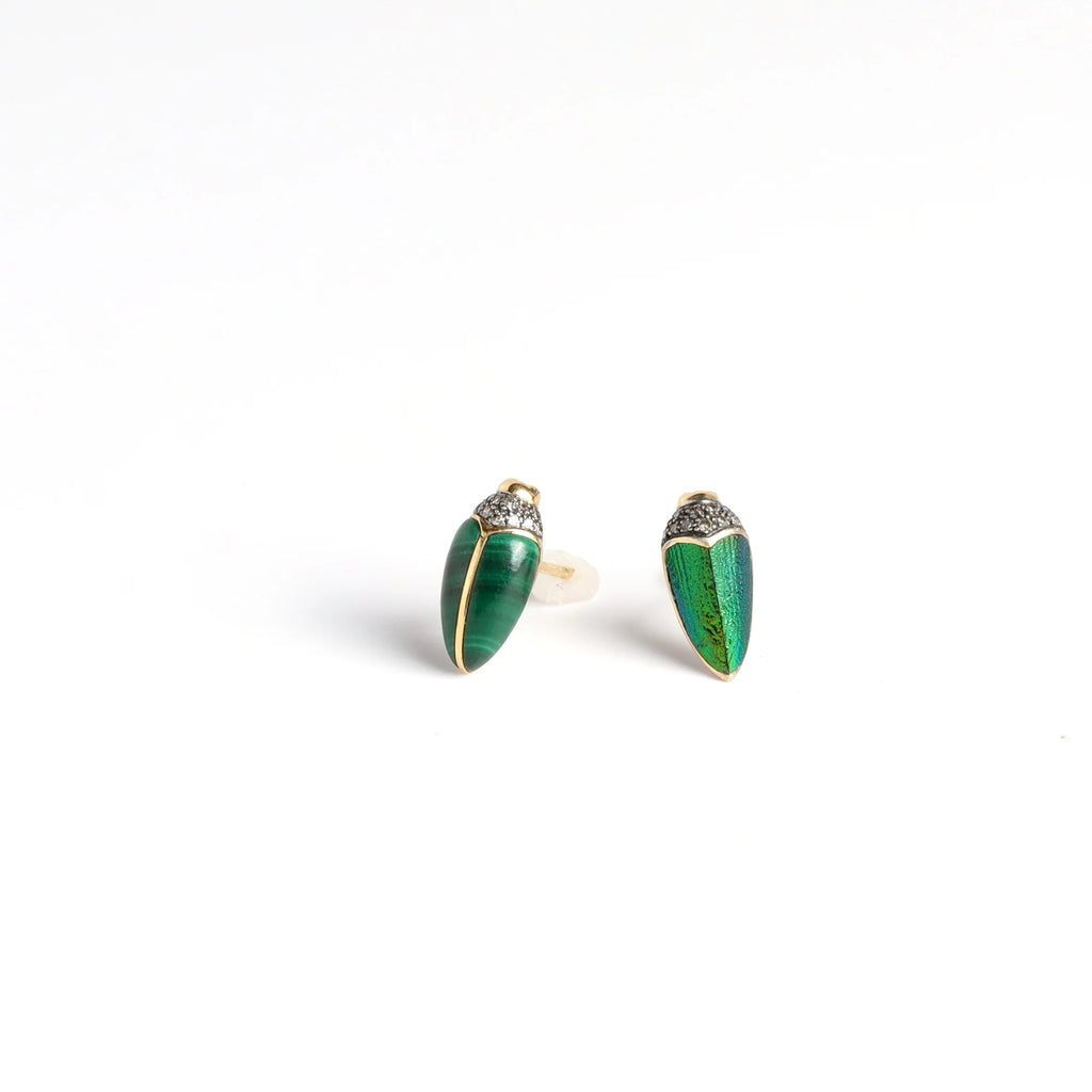 Scarab studs stud earrings by Bibi Van Der Velden in Malachite and Scarab wing on white background.