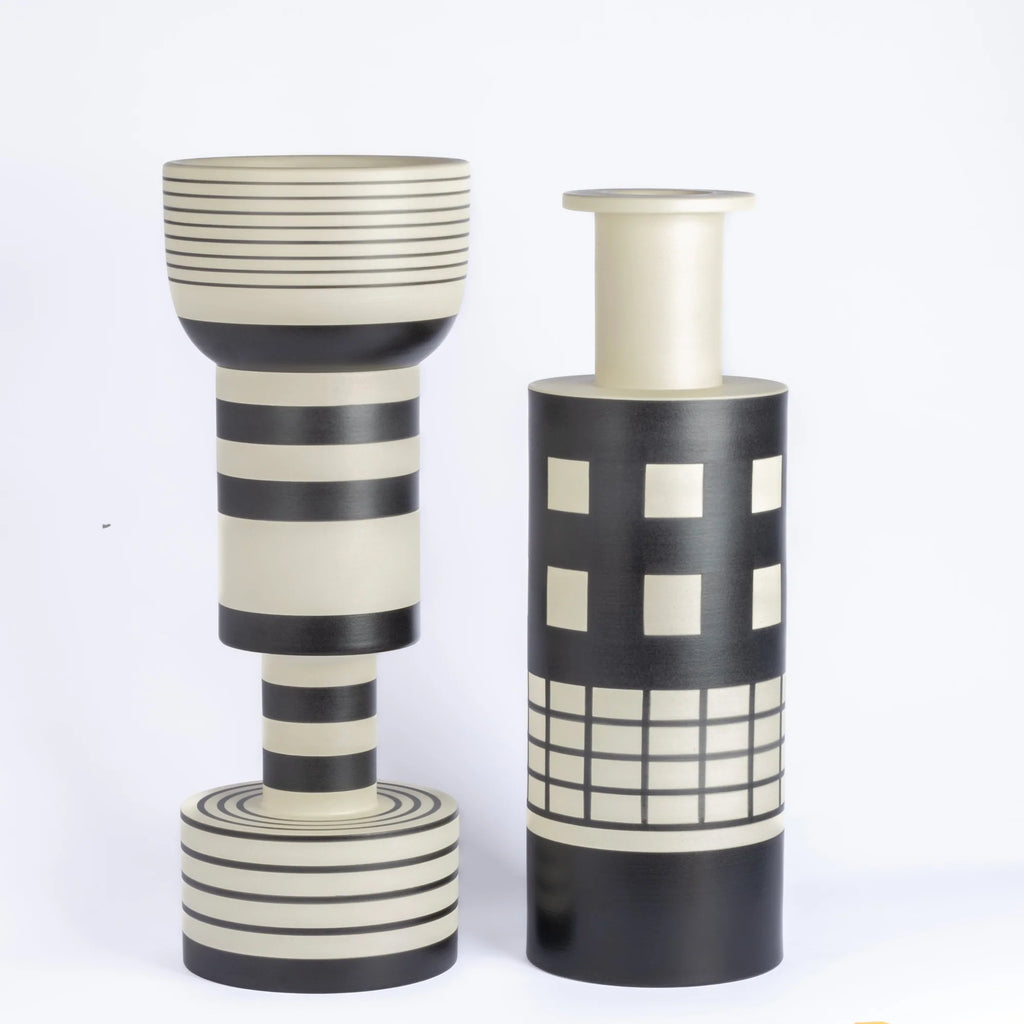 Ettore Sottsass Calice and Rocchetto Vases for Bitossi on white background.