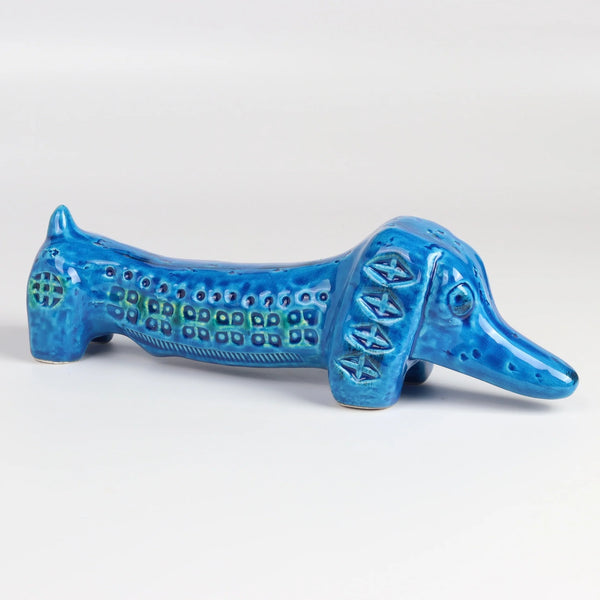 Bitossi Rimini Blue Dachsund Dog on white background.