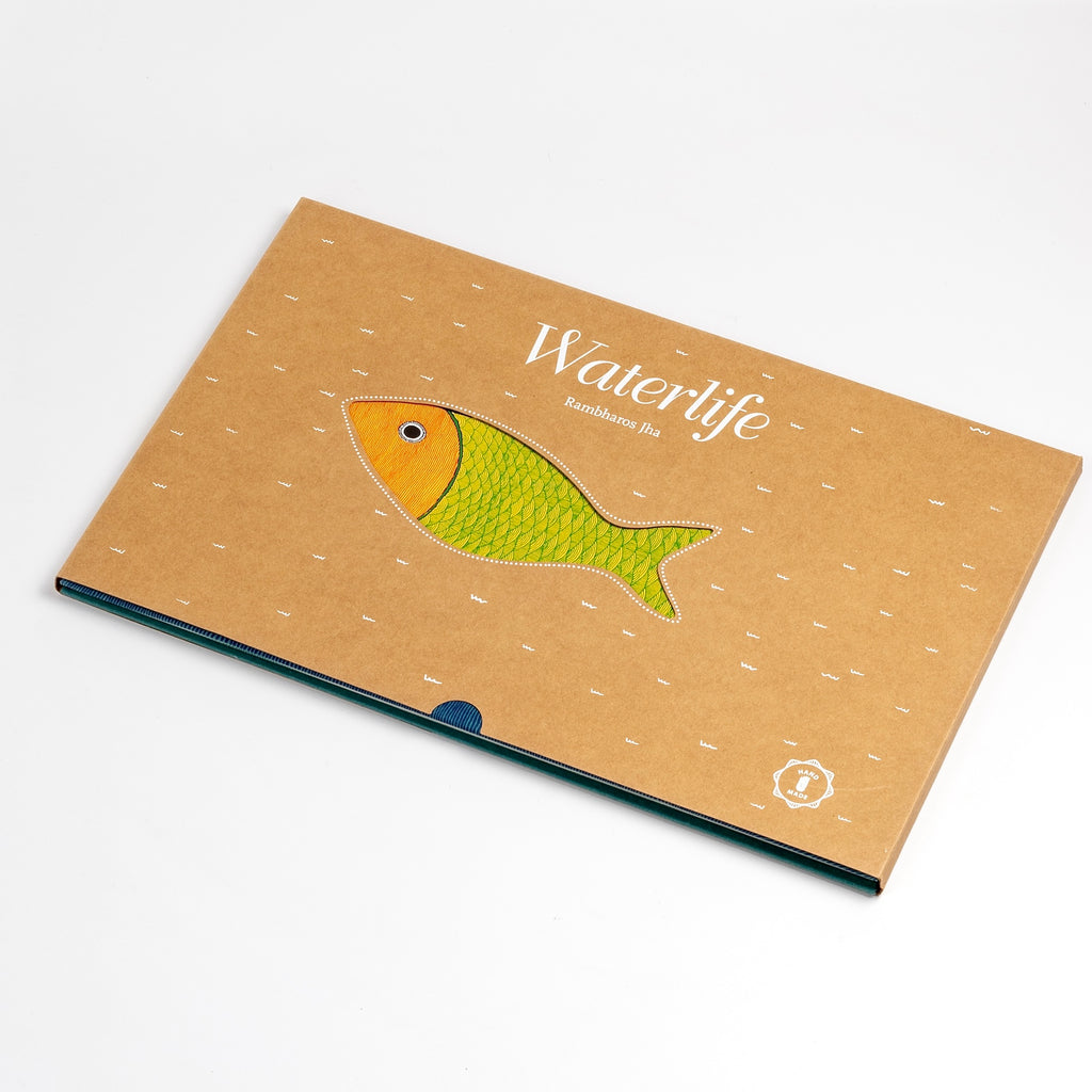 Waterlife book in brown slipcover Written and illustrated by Rambharos Jha. 