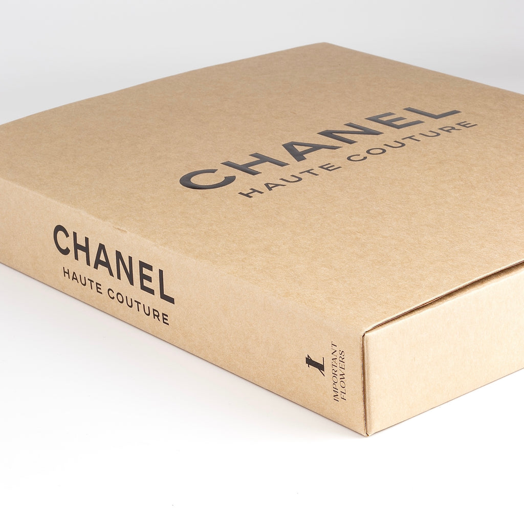 Close up of carton for Chanel Haute Couture book by Sofia Coppola and published by Mack Books.