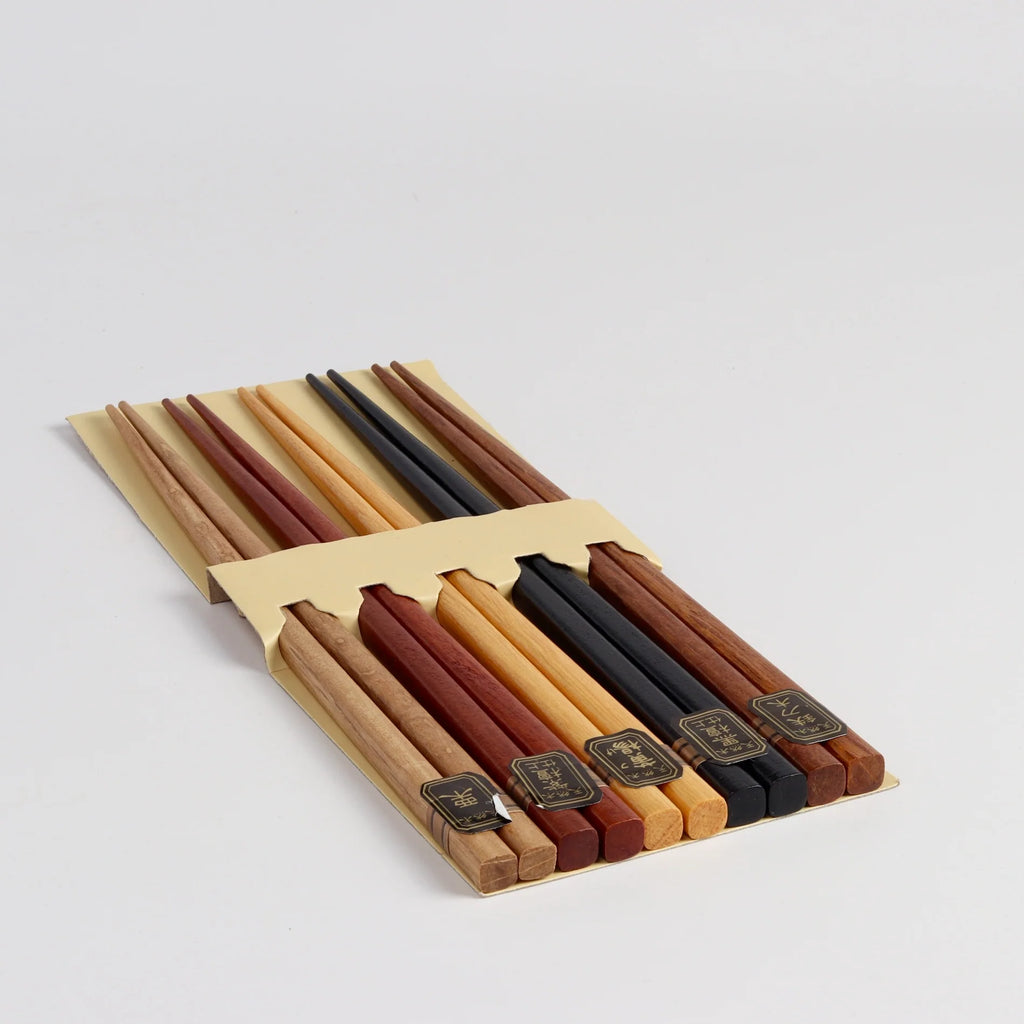 Japanese Style Chopsticks each in different type of wood. Set of five.