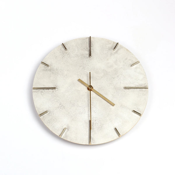 Lemnos Japanese Cast Brass Clock "Quaint" Silver Finish made in Toyama on white background. Designed by Shin Azumi.
