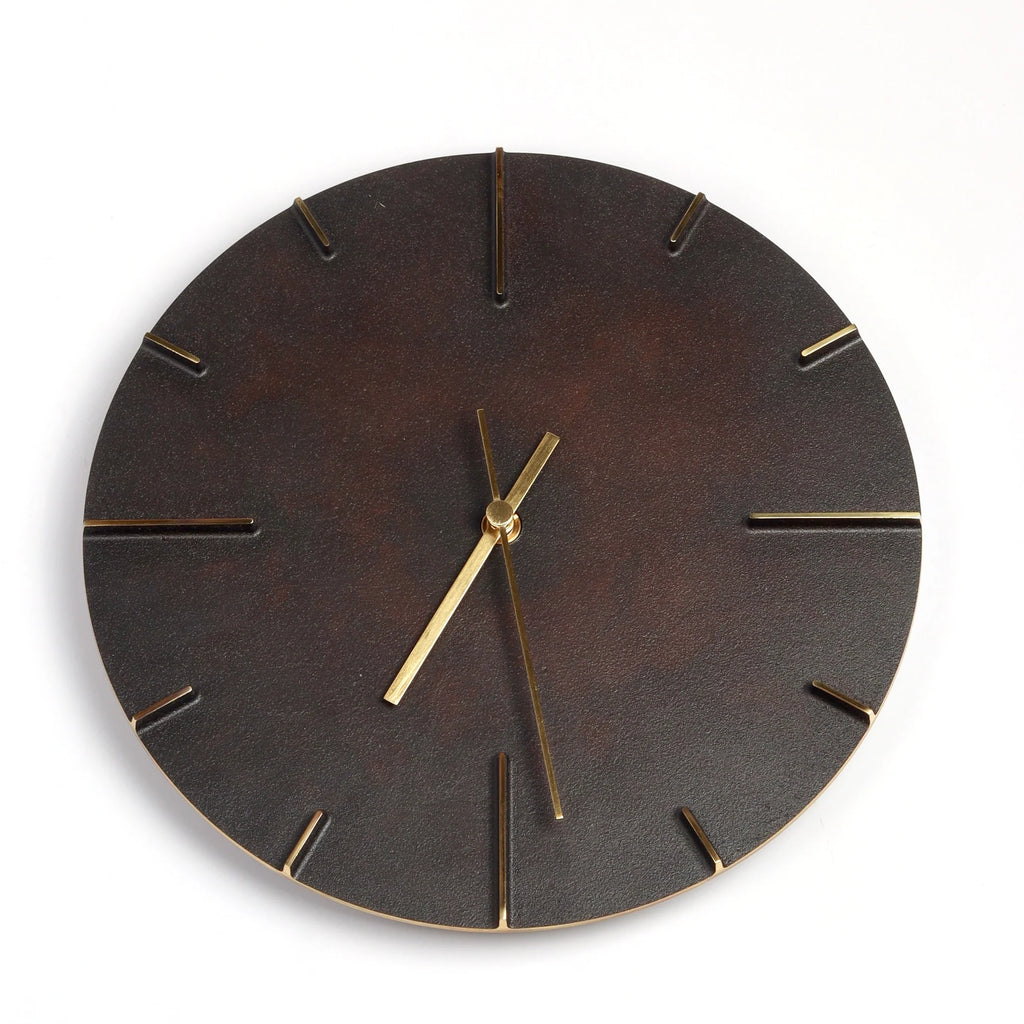 Lemnos Japanese Cast Brass Clock "Quaint" Patina Finish made in Toyama on white backgroud. Designed by Shin Azumi.