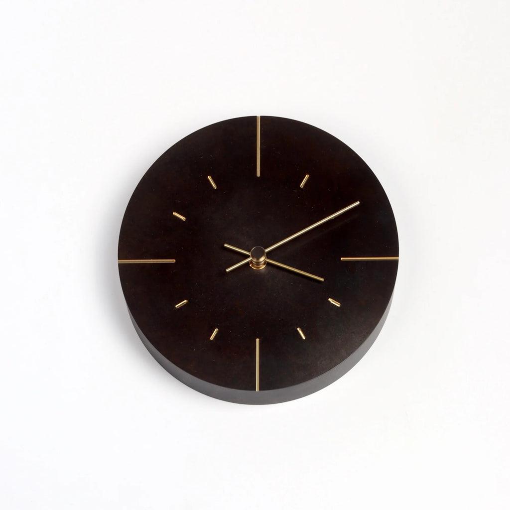 Lemnos Japanese Cast Brass Clock "Orb" Patina Finish made in Toyama on white background. Designed by Shin Azumi.